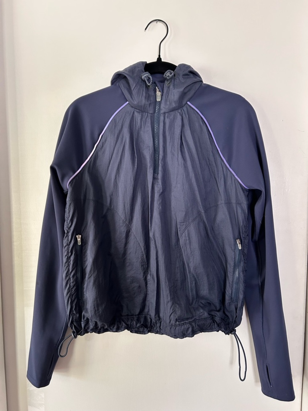 Lightweight Navy Hooded Windbreaker with Lavender Piping- Outdoor Voices